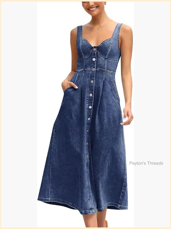 Dresses & Skirts - Stretchy Smocked Denim Dress Sleeveless Button Down Midi Babydoll Jean Dress